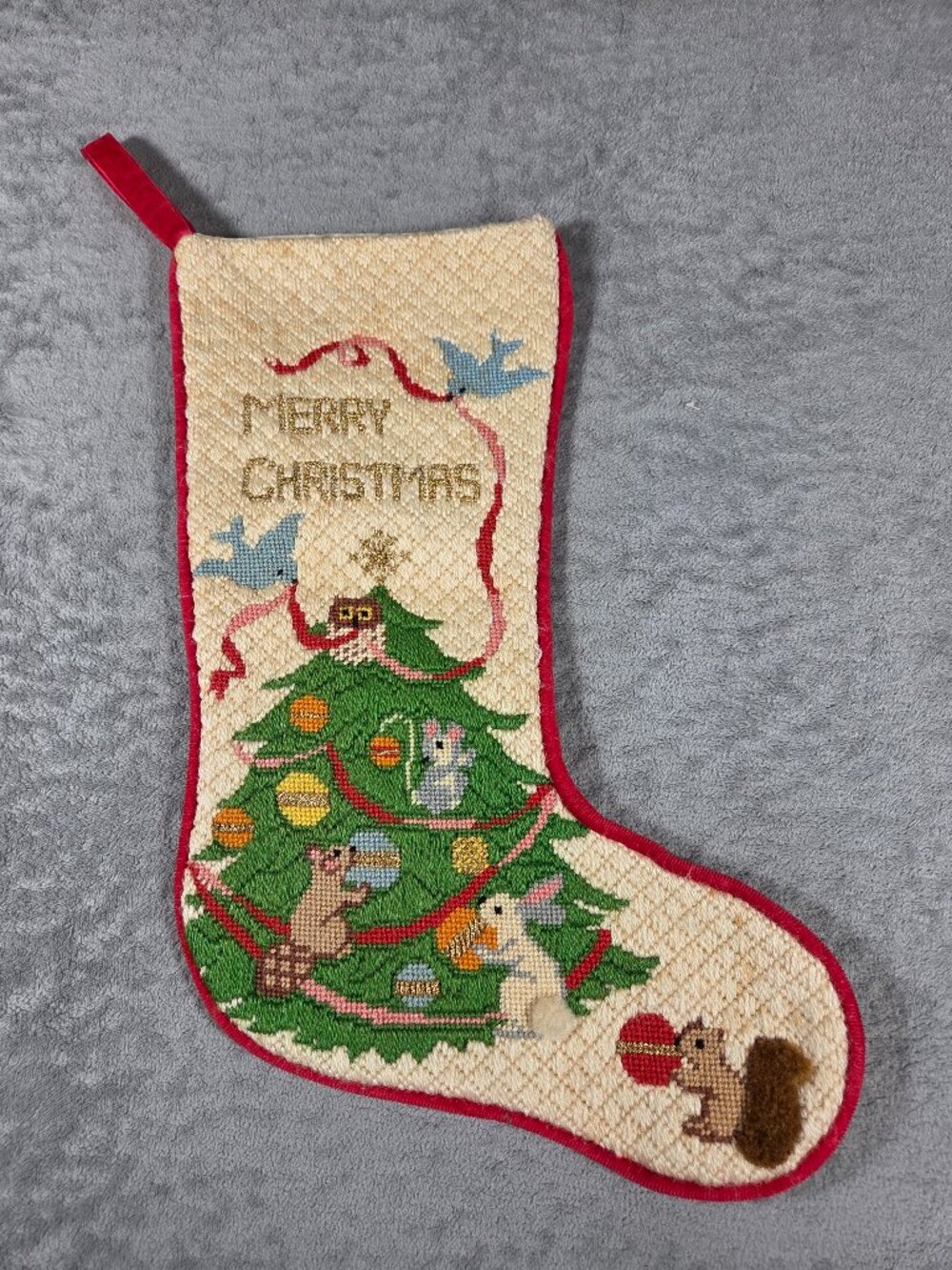 Vintage Needlepoint Christmas Stocking Handmade Woodland Animals Trimming Tree